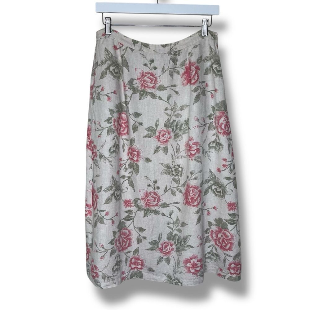 Vintage Units 100% Linen Floral Skirt Cottagecore Tan Pink Women Large Pockets